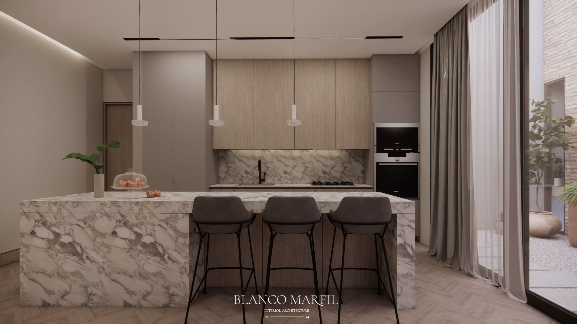 Cocina con isla de mármol