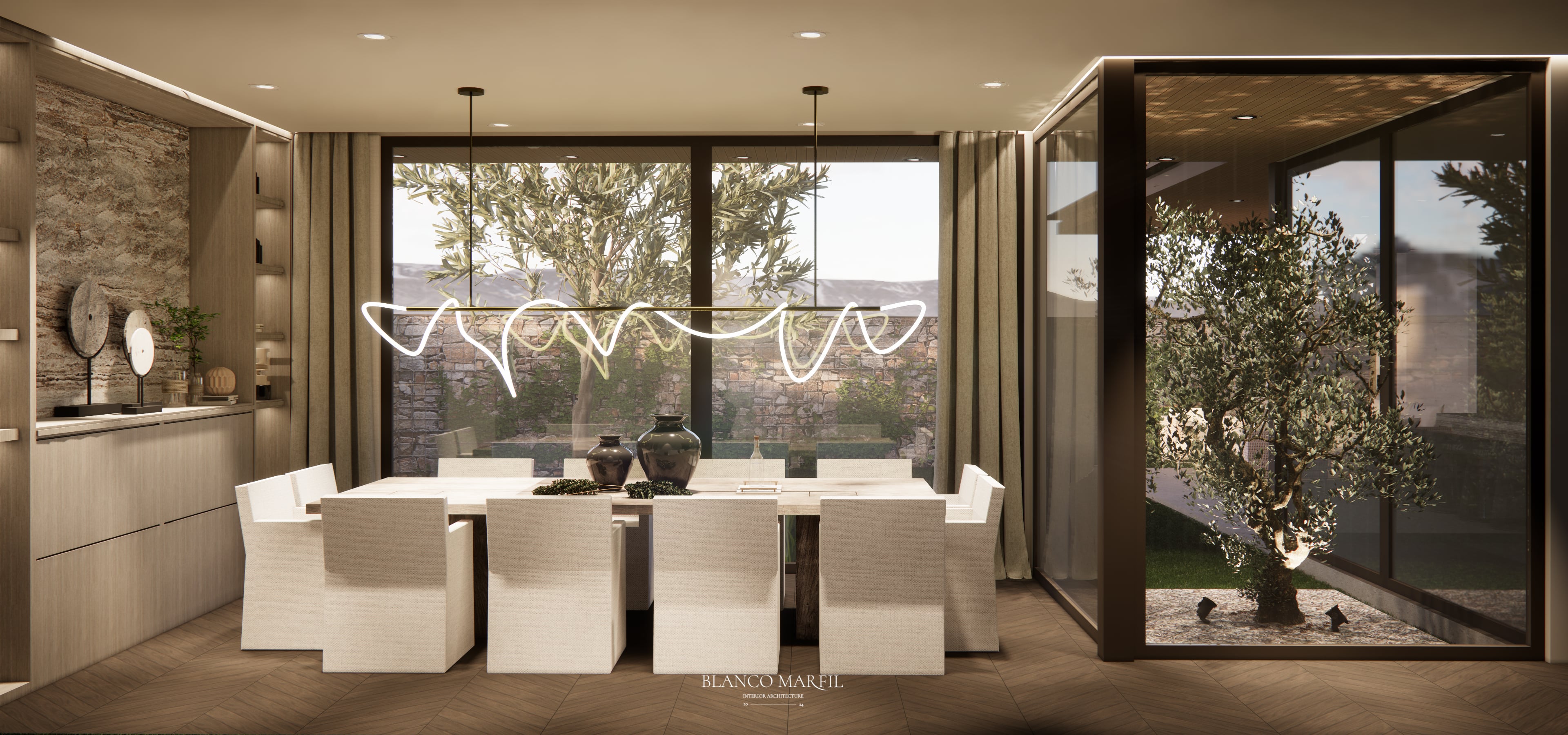 Comedor con jardín de olivos